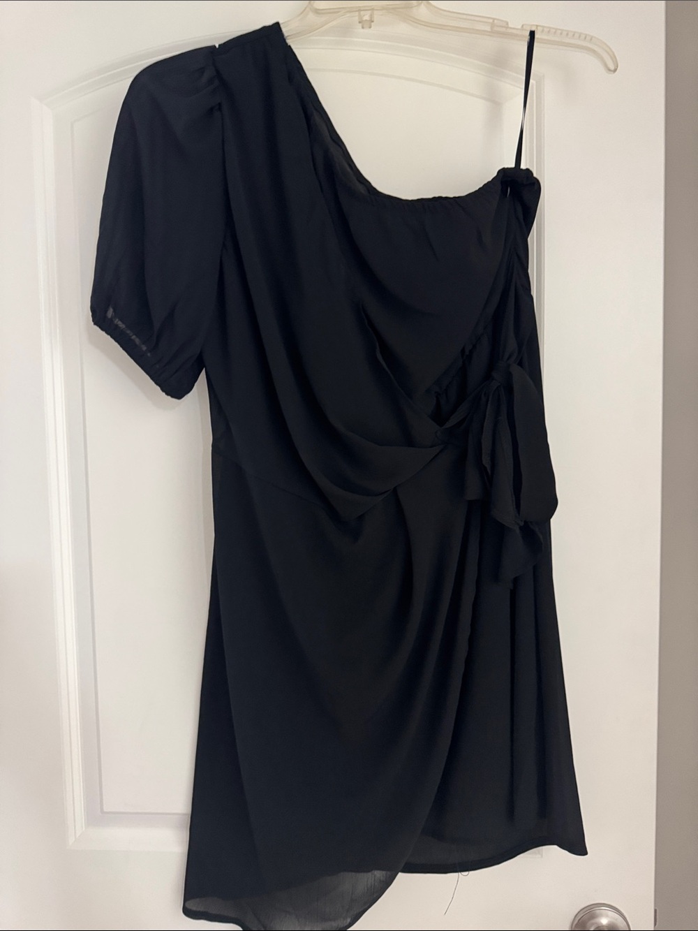 One-Shoulder Black Draped Dress with Side Tie